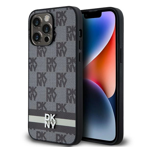 DKNY Leather Checkered Mono Pattern &amp; Printed Stripes Case for iPhone 14 Pro Max - Black_0