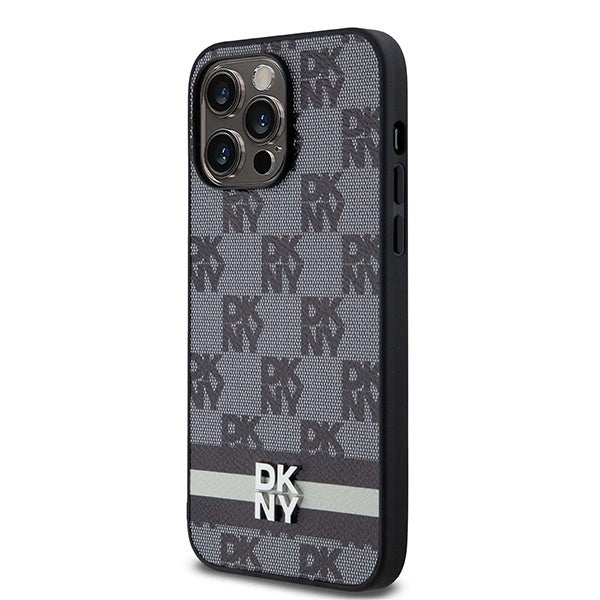 DKNY Leather Checkered Mono Pattern &amp; Printed Stripes Case for iPhone 14 Pro Max - Black_1