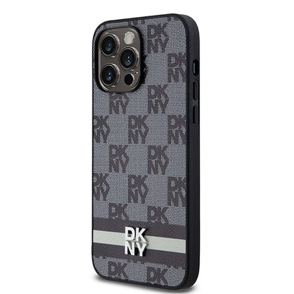 DKNY Leather Checkered Mono Pattern &amp; Printed Stripes Case for iPhone 14 Pro Max - Black_1