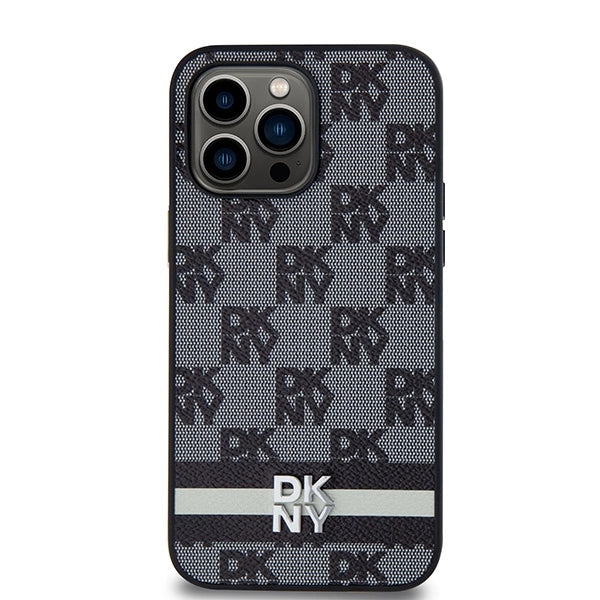 DKNY Leather Checkered Mono Pattern &amp; Printed Stripes Case for iPhone 14 Pro Max - Black_2