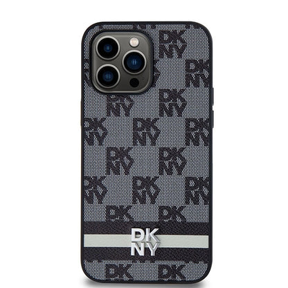 DKNY Leather Checkered Mono Pattern &amp; Printed Stripes Case for iPhone 14 Pro Max - Black_2