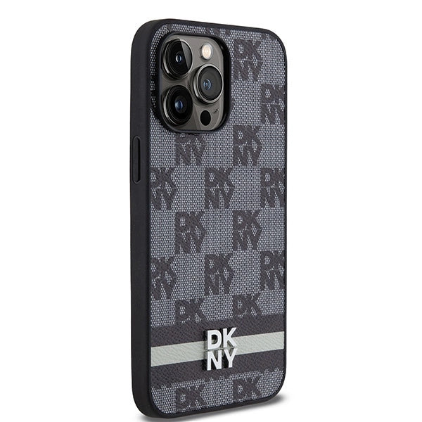 DKNY Leather Checkered Mono Pattern &amp; Printed Stripes Case for iPhone 14 Pro Max - Black_3