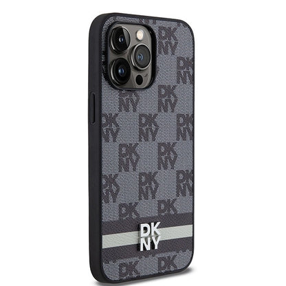 DKNY Leather Checkered Mono Pattern &amp; Printed Stripes Case for iPhone 14 Pro Max - Black_3