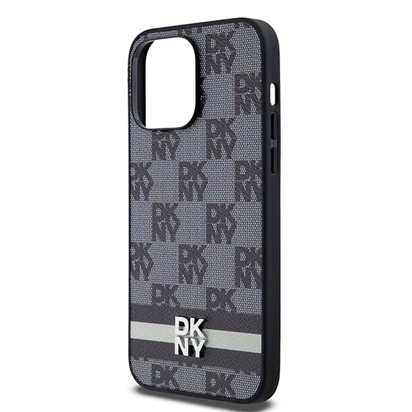 DKNY Leather Checkered Mono Pattern &amp; Printed Stripes Case for iPhone 14 Pro Max - Black_5