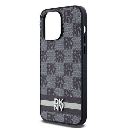 DKNY Leather Checkered Mono Pattern &amp; Printed Stripes Case for iPhone 14 Pro Max - Black_5