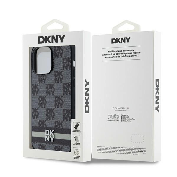 DKNY Leather Checkered Mono Pattern &amp; Printed Stripes Case for iPhone 14 Pro Max - Black_7