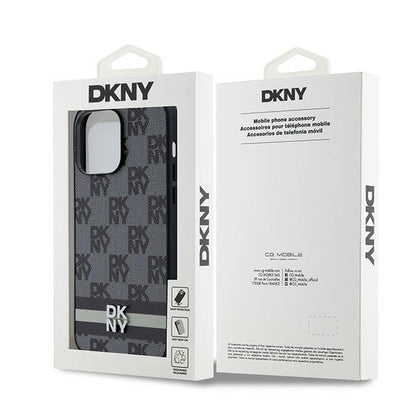 DKNY Leather Checkered Mono Pattern &amp; Printed Stripes Case for iPhone 14 Pro Max - Black_7