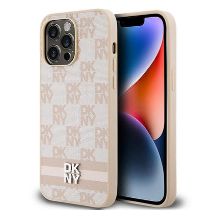 DKNY Leather Checkered Mono Pattern &amp; Printed Stripes case for iPhone 14 Pro Max - pink_0