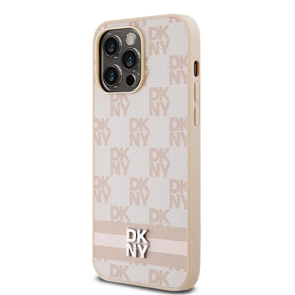 DKNY Leather Checkered Mono Pattern &amp; Printed Stripes case for iPhone 14 Pro Max - pink_1
