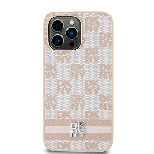 DKNY Leather Checkered Mono Pattern &amp; Printed Stripes case for iPhone 14 Pro Max - pink_2