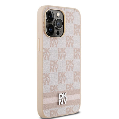 DKNY Leather Checkered Mono Pattern &amp; Printed Stripes case for iPhone 14 Pro Max - pink_3