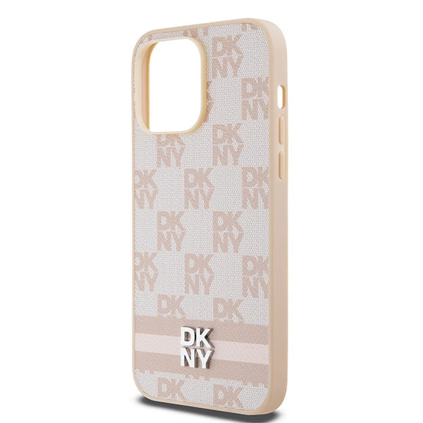DKNY Leather Checkered Mono Pattern &amp; Printed Stripes case for iPhone 14 Pro Max - pink_5