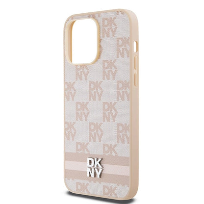 DKNY Leather Checkered Mono Pattern &amp; Printed Stripes case for iPhone 14 Pro Max - pink_5