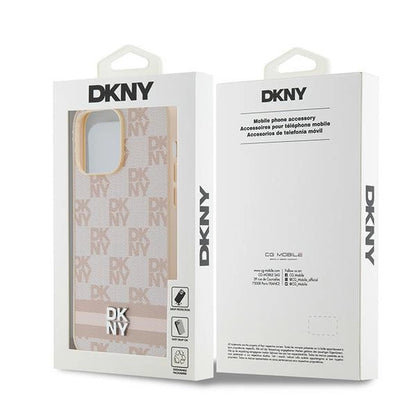 DKNY Leather Checkered Mono Pattern &amp; Printed Stripes case for iPhone 14 Pro Max - pink_7
