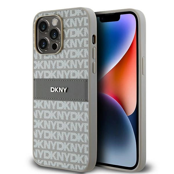 DKNY Leather Mono Stripe &amp; Metal Logo case for iPhone 14 Pro Max - beige_0