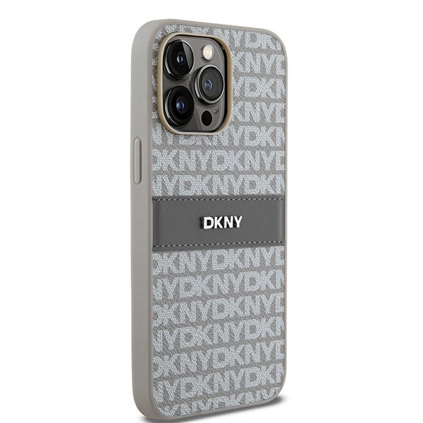 DKNY Leather Mono Stripe &amp; Metal Logo case for iPhone 14 Pro Max - beige_3