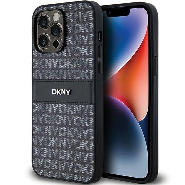 DKNY Leather Mono Stripe &amp; Metal Logo case for iPhone 14 Pro Max - black_0