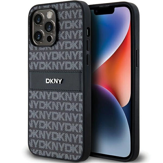 DKNY Leather Mono Stripe &amp; Metal Logo case for iPhone 14 Pro Max - black_0