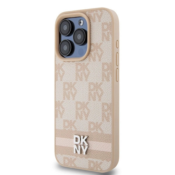 DKNY Leather Checkered Mono Pattern &amp; Printed Stripes case for iPhone 15 Pro - pink_1