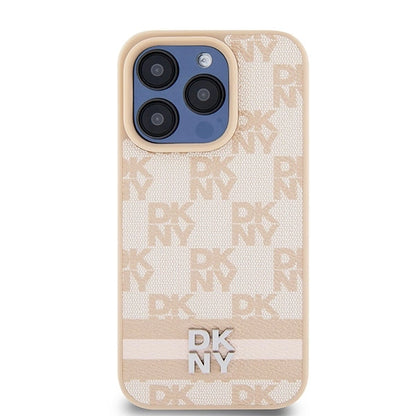 DKNY Leather Checkered Mono Pattern &amp; Printed Stripes case for iPhone 15 Pro - pink_2