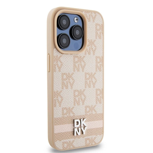 DKNY Leather Checkered Mono Pattern &amp; Printed Stripes case for iPhone 15 Pro - pink_3