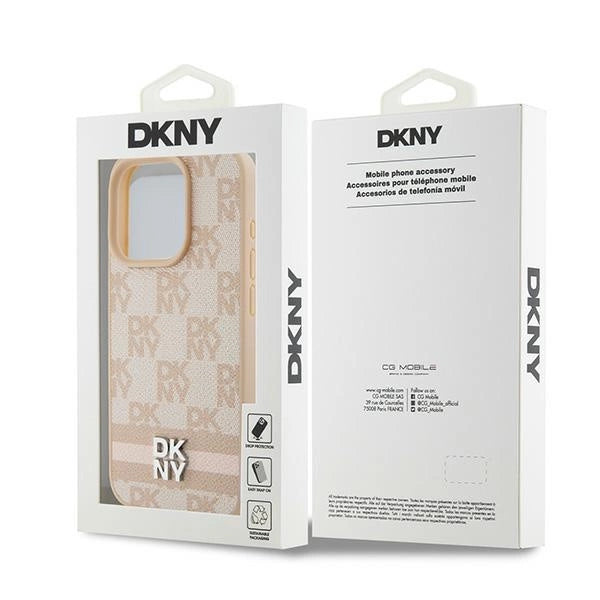 DKNY Leather Checkered Mono Pattern &amp; Printed Stripes case for iPhone 15 Pro - pink_7