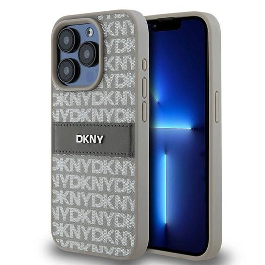 DKNY Leather Mono Stripe &amp; Metal Logo case for iPhone 15 Pro - beige_0