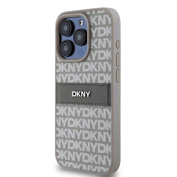 DKNY Leather Mono Stripe &amp; Metal Logo case for iPhone 15 Pro - beige_1