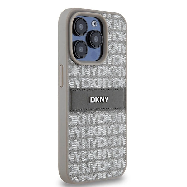 DKNY Leather Mono Stripe &amp; Metal Logo case for iPhone 15 Pro - beige_3