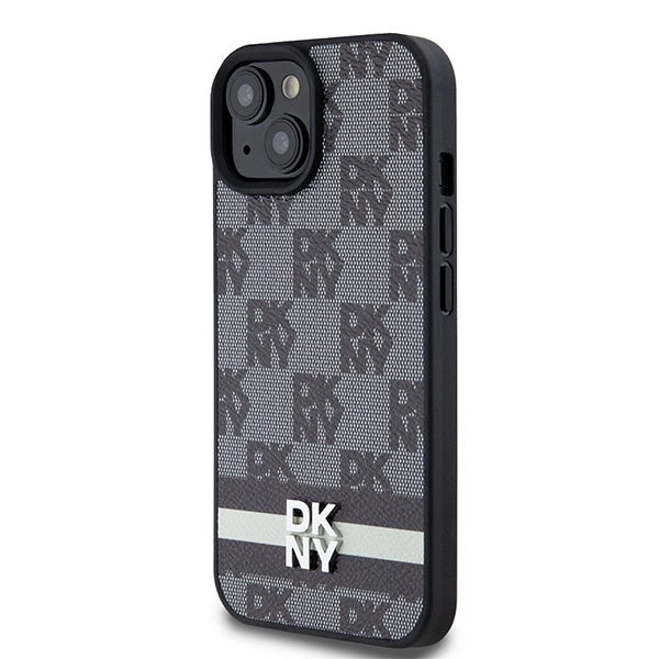 DKNY Leather Checkered Mono Pattern &amp; Printed Stripes Case for iPhone 15 Plus / 14 Plus - Black_1