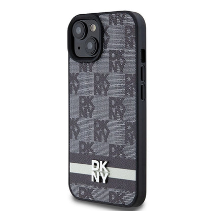 DKNY Leather Checkered Mono Pattern &amp; Printed Stripes Case for iPhone 15 Plus / 14 Plus - Black_1