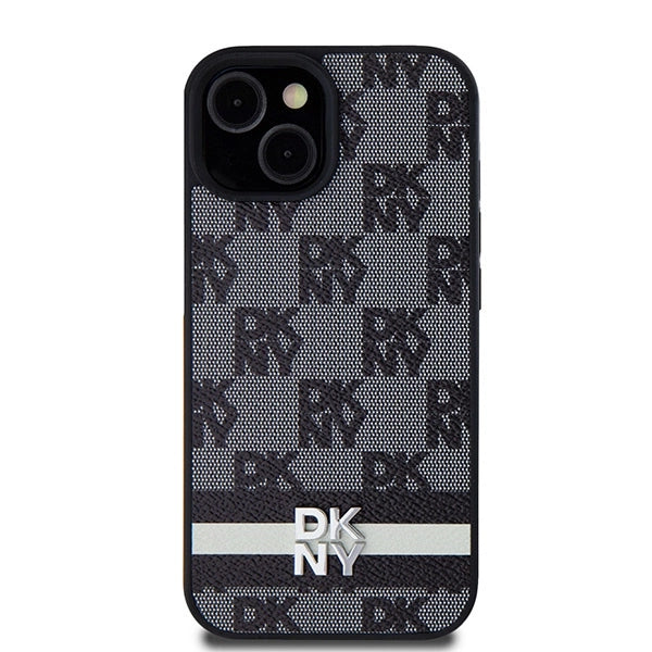 DKNY Leather Checkered Mono Pattern &amp; Printed Stripes Case for iPhone 15 Plus / 14 Plus - Black_2