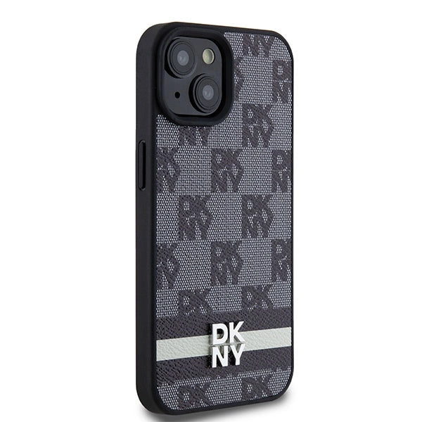 DKNY Leather Checkered Mono Pattern &amp; Printed Stripes Case for iPhone 15 Plus / 14 Plus - Black_3