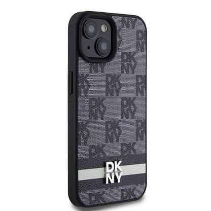 DKNY Leather Checkered Mono Pattern &amp; Printed Stripes Case for iPhone 15 Plus / 14 Plus - Black_3