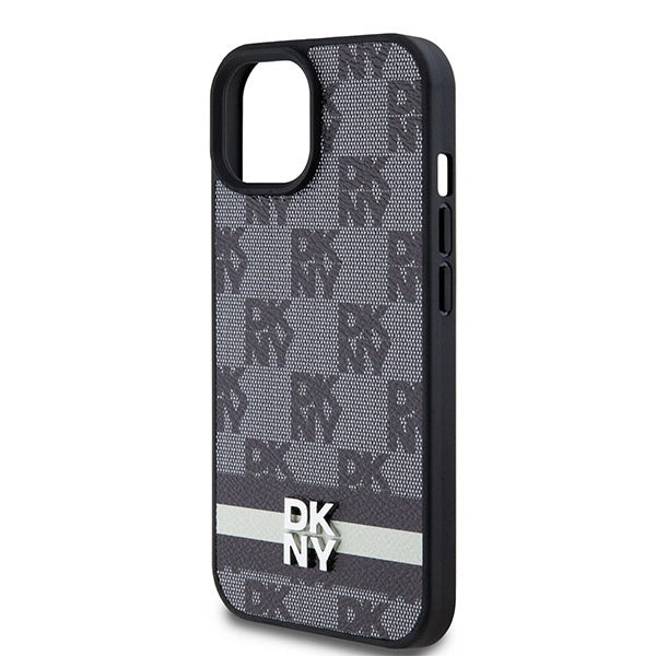 DKNY Leather Checkered Mono Pattern &amp; Printed Stripes Case for iPhone 15 Plus / 14 Plus - Black_5
