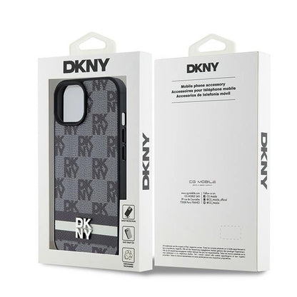 DKNY Leather Checkered Mono Pattern &amp; Printed Stripes Case for iPhone 15 Plus / 14 Plus - Black_7