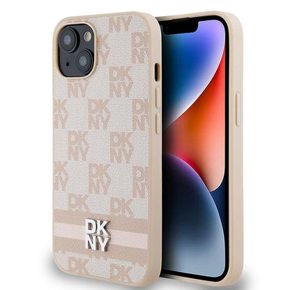 DKNY Leather Checkered Mono Pattern &amp; Printed Stripes Case for iPhone 15 Plus / 14 Plus - Pink_0