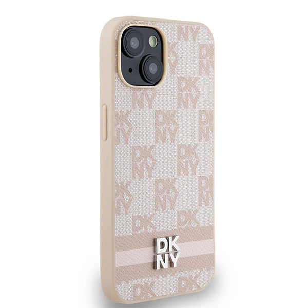 DKNY Leather Checkered Mono Pattern &amp; Printed Stripes Case for iPhone 15 Plus / 14 Plus - Pink_3