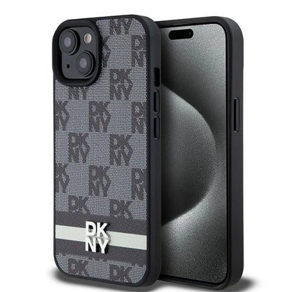 DKNY Leather Checkered Mono Pattern &amp; Printed Stripes Case for iPhone 15/14/13 - Black_0
