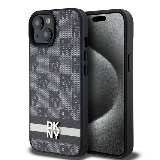 DKNY Leather Checkered Mono Pattern &amp; Printed Stripes Case for iPhone 15/14/13 - Black_0