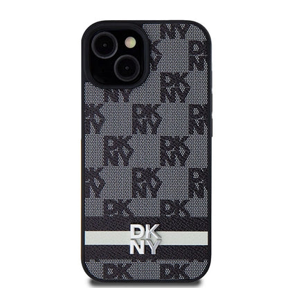 DKNY Leather Checkered Mono Pattern &amp; Printed Stripes Case for iPhone 15/14/13 - Black_2