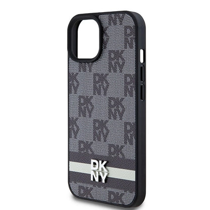 DKNY Leather Checkered Mono Pattern &amp; Printed Stripes Case for iPhone 15/14/13 - Black_5