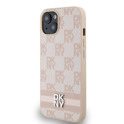 DKNY Leather Checkered Mono Pattern &amp; Printed Stripes case for iPhone 15 / 14 / 13 - pink_1