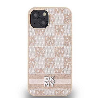 DKNY Leather Checkered Mono Pattern &amp; Printed Stripes case for iPhone 15 / 14 / 13 - pink_2