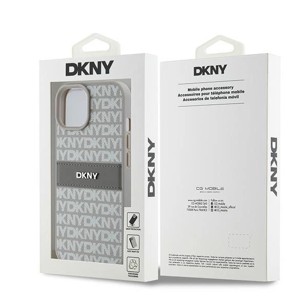 DKNY Leather Mono Stripe &amp; Metal Logo case for iPhone 15 / 14 / 13 - beige_7