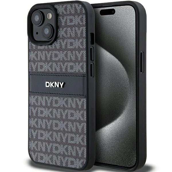 DKNY Leather Mono Stripe &amp; Metal Logo Case for iPhone 15/14/13 - Black_0