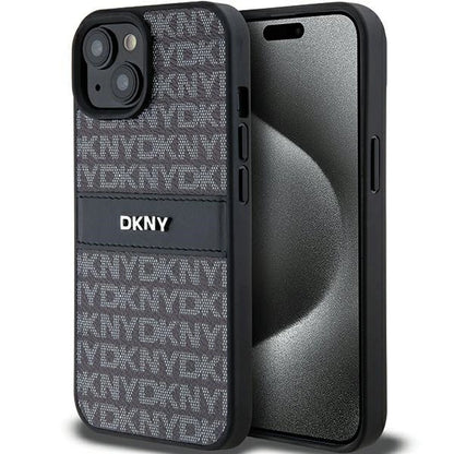 DKNY Leather Mono Stripe &amp; Metal Logo Case for iPhone 15/14/13 - Black_0