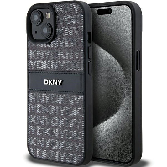 DKNY Leather Mono Stripe &amp; Metal Logo Case for iPhone 15/14/13 - Black_0