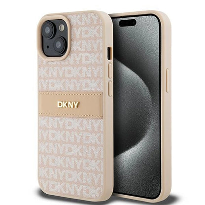 DKNY Leather Mono Stripe &amp; Metal Logo case for iPhone 15 / 14 / 13 - pink_0
