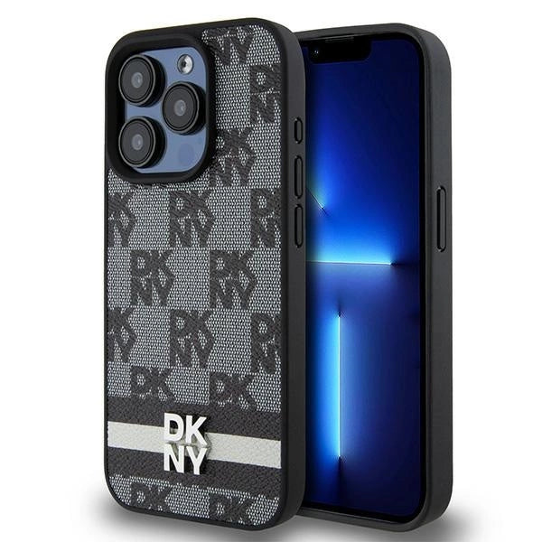 DKNY Leather Checkered Mono Pattern &amp; Printed Stripes Case for iPhone 15 Pro Max - Black_0